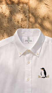 Premium White Linen Shirt with Penguin Embroidery | Full Sleeve Casual & Formal Wear