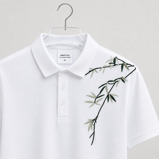 Premium Bamboo Print Polo T-Shirt for Men | Half Sleeve Cotton Casual Polo (White & Black)