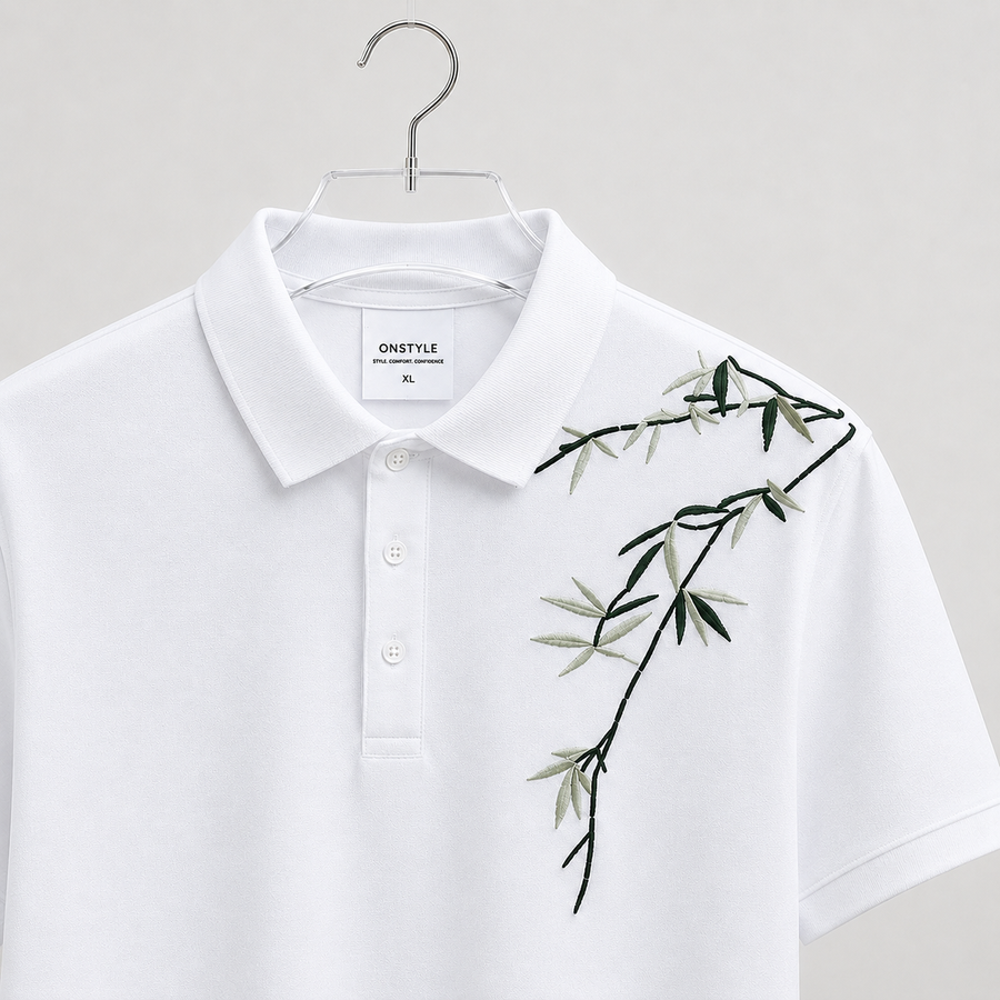 Premium Bamboo Print Polo T-Shirt for Men | Half Sleeve Cotton Casual Polo (White & Black)