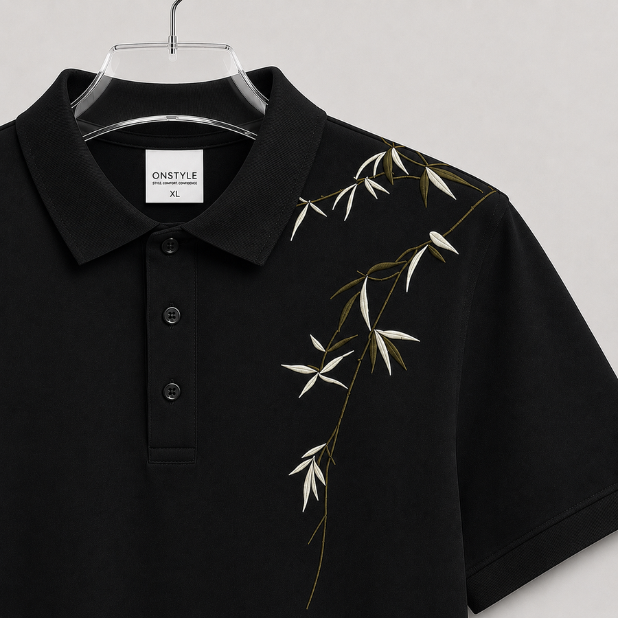 Premium Bamboo Print Polo T-Shirt for Men | Half Sleeve Cotton Casual Polo (White & Black)