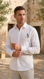 Premium White Linen Shirt with Penguin Embroidery | Full Sleeve Casual & Formal Wear