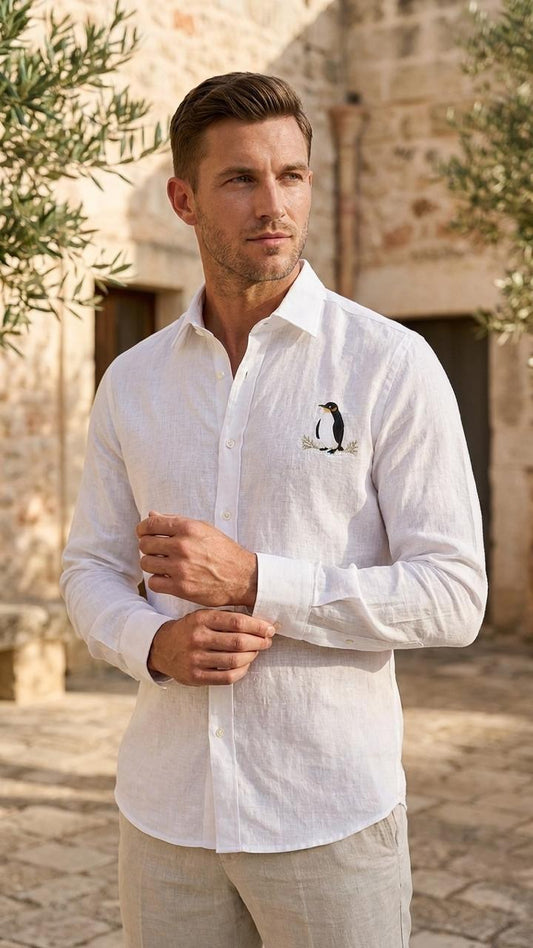 Premium White Linen Shirt with Penguin Embroidery | Full Sleeve Casual & Formal Wear