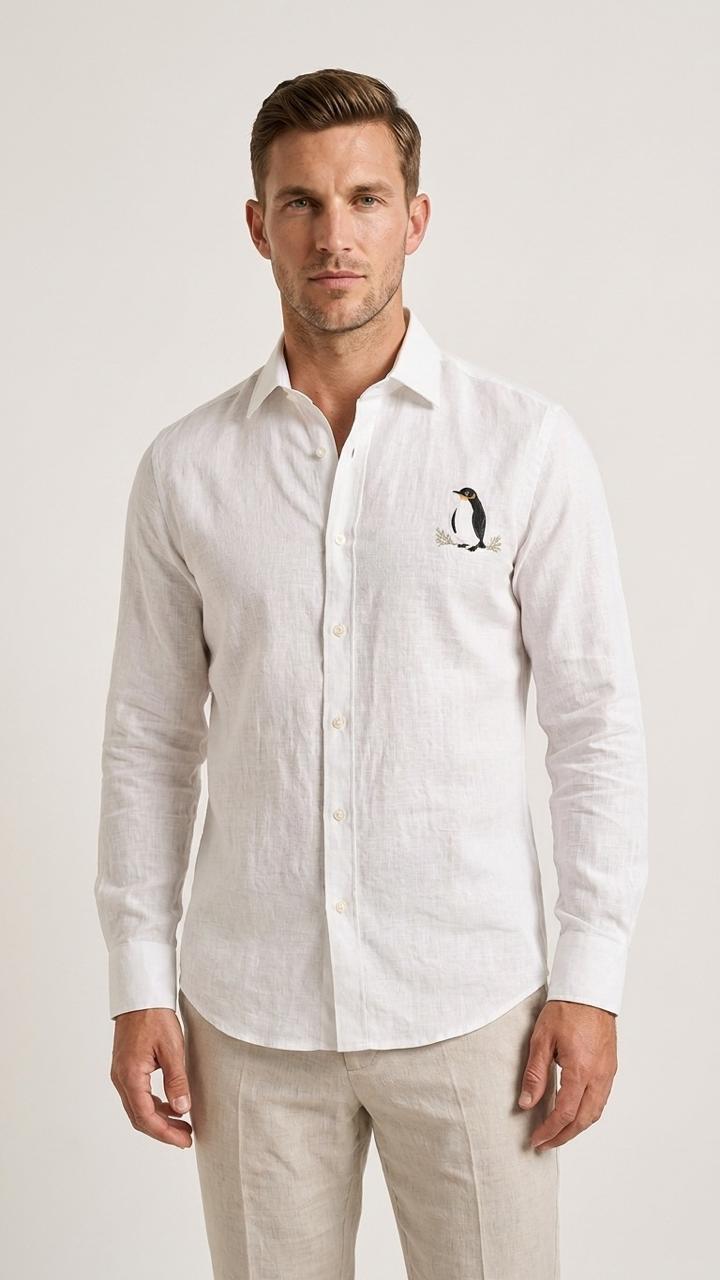 Premium White Linen Shirt with Penguin Embroidery | Full Sleeve Casual & Formal Wear