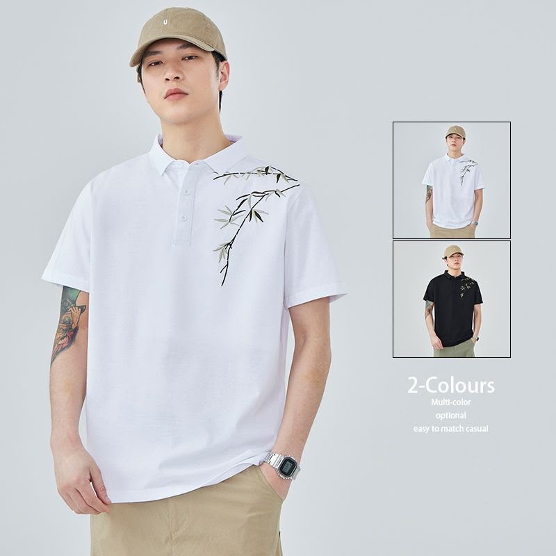 Premium Bamboo Print Polo T-Shirt for Men | Half Sleeve Cotton Casual Polo (White & Black)