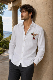 Premium White Linen Shirt with Embroidered Hummingbird | Men's Casual & Formal Wear