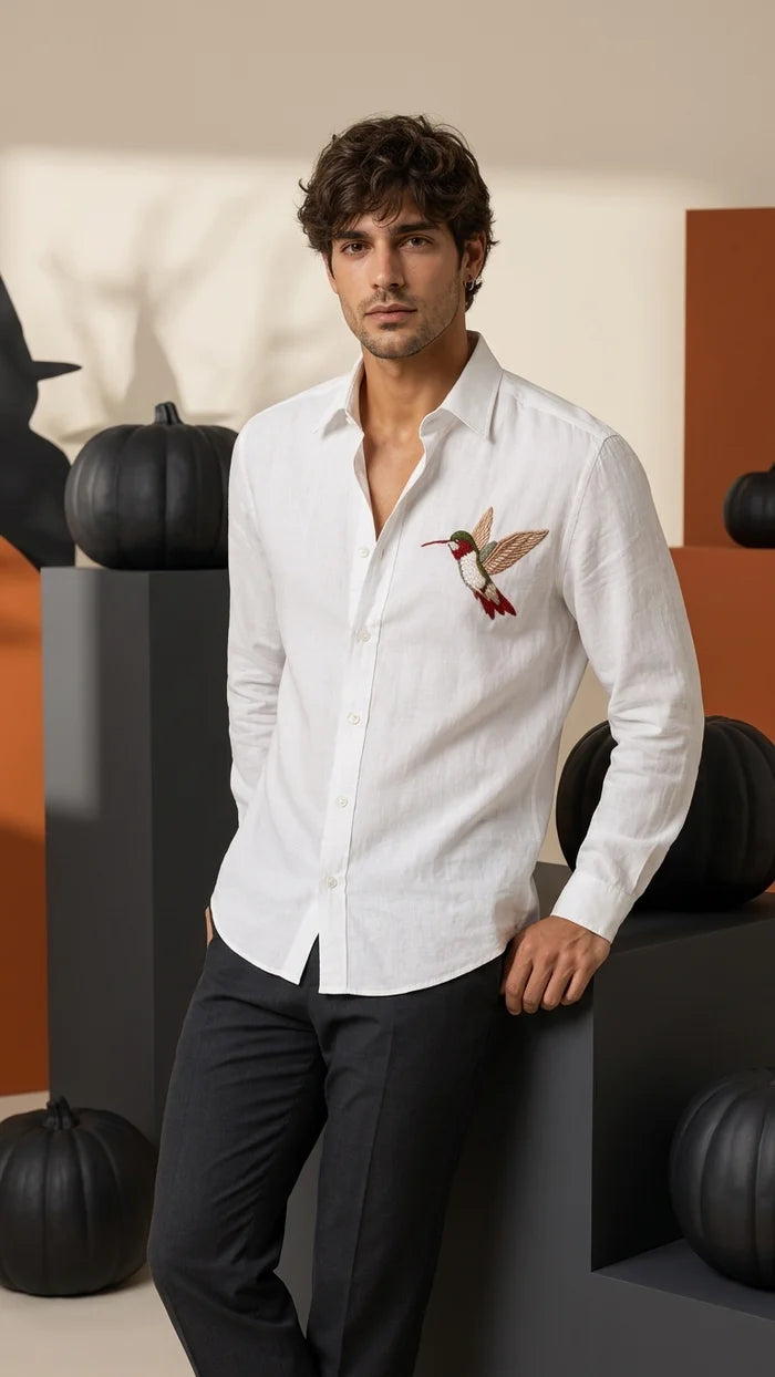 Premium White Linen Shirt with Embroidered Hummingbird | Men's Casual & Formal Wear