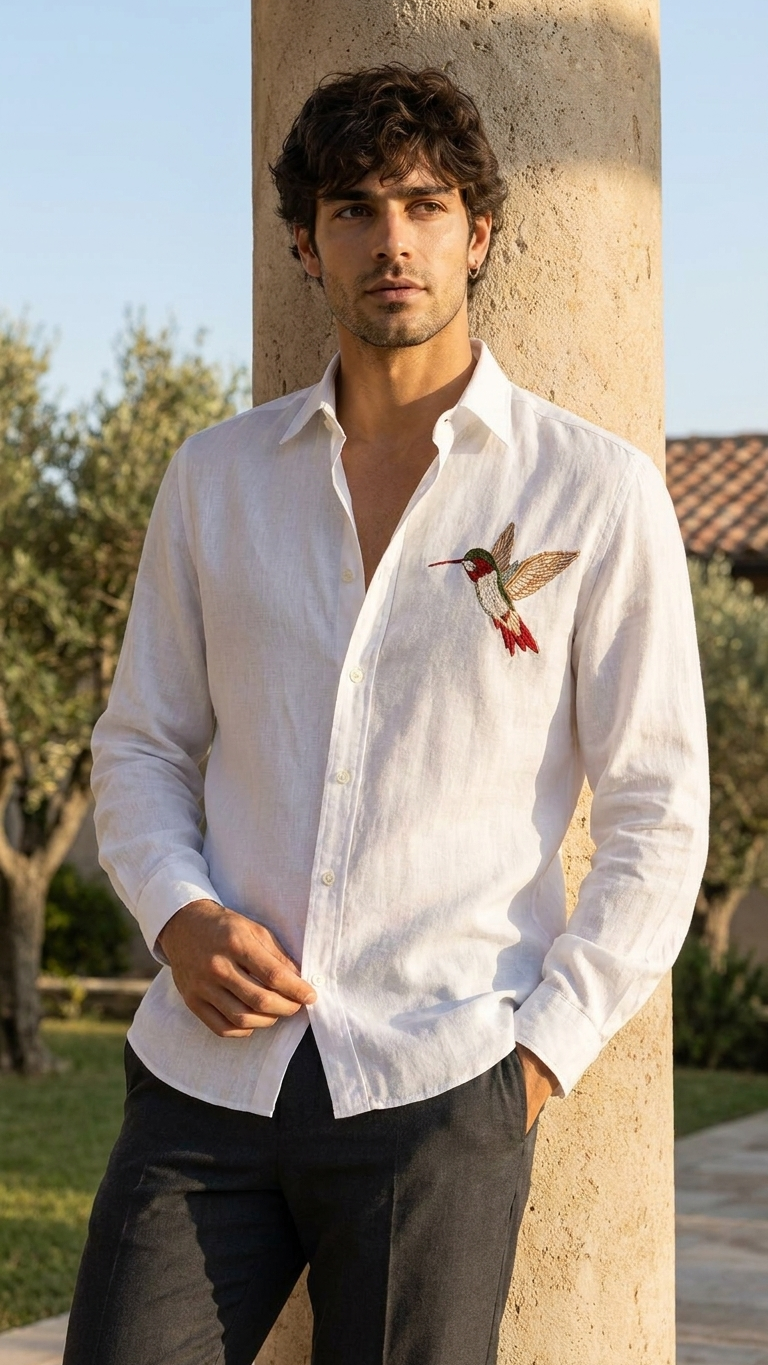 Premium White Linen Shirt with Embroidered Hummingbird | Men's Casual & Formal Wear