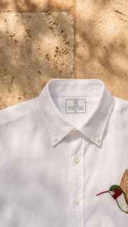 Premium White Linen Shirt with Embroidered Hummingbird | Men's Casual & Formal Wear