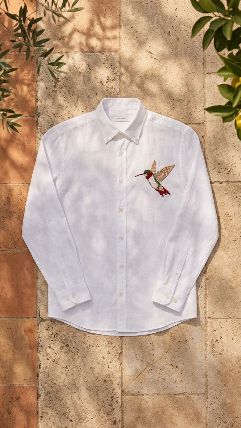 Premium White Linen Shirt with Embroidered Hummingbird | Men's Casual & Formal Wear