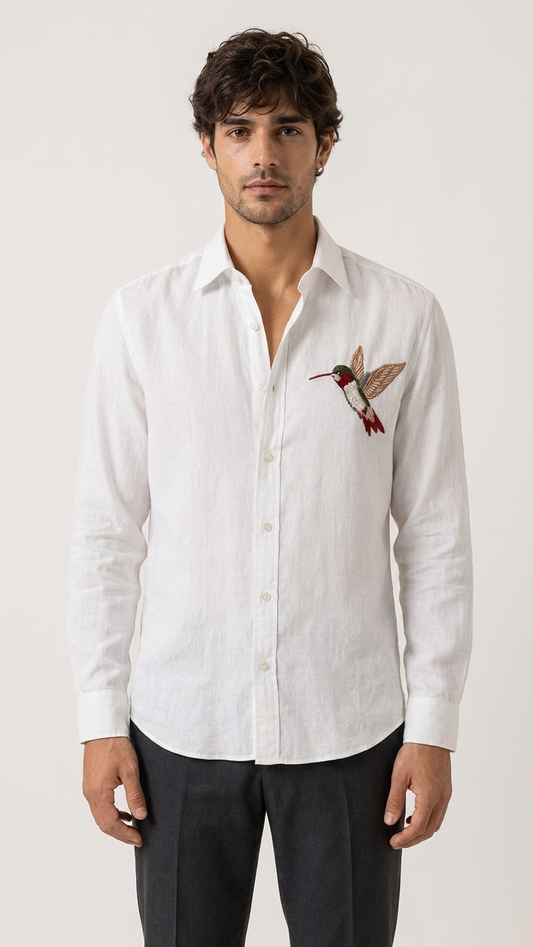 Premium White Linen Shirt with Embroidered Hummingbird | Men's Casual & Formal Wear